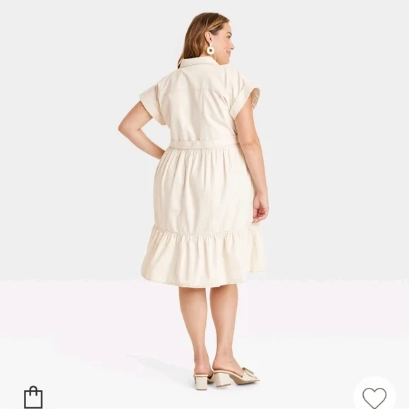 (2) Ava & Viv Short Sleeve Denim Tiered Midi A-Line Dress - Cream Women's - Picture 2 of 4